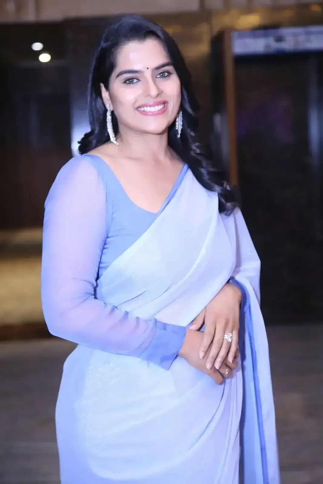 Kavya Kalyanram In Blue Saree At Ustaad Pre Release Event